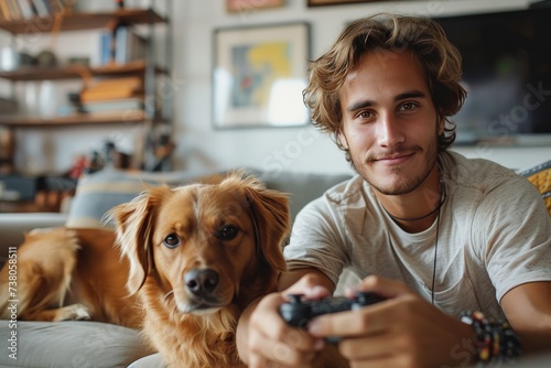 A smiling young man enjoys playing a video game with his golden retriever companion on a cozy couch