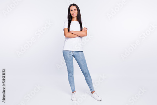 Full length body size photo girl with crossed hands in casual clothes isolated on white color background