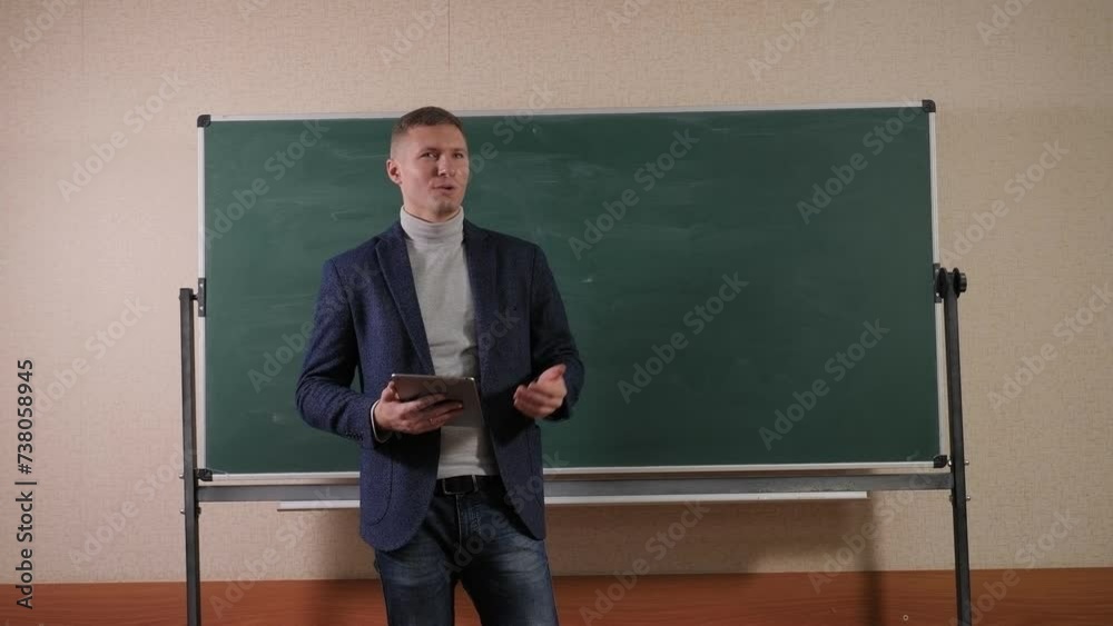 A young male professor of mathematics in the lecture hall, he stands against the background of the blackboard and reads a lecture to students. 
