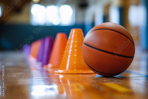 A basketball close to the camera with a sequence of colorful cones in the background photo