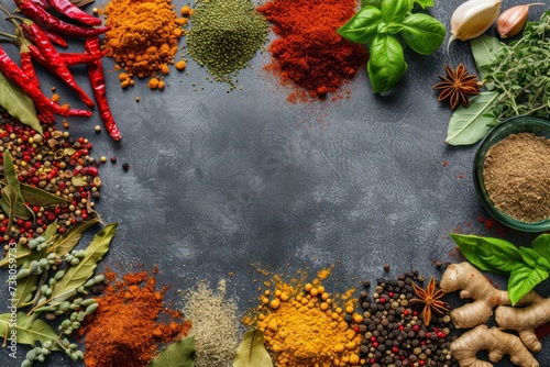 Top view of various kinds of multicolored spices