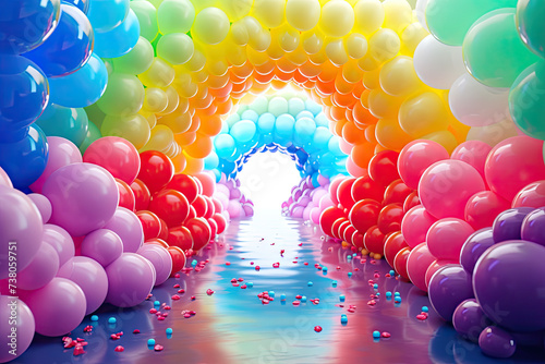an archade of balloons in all colors of the rainbow
