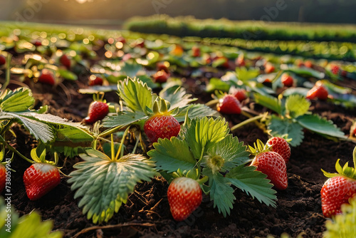 Strawberry beds on berry farm. Evening sunshine illuminates lush strawberry fields. Perfect banner for farm enthusiasts. 