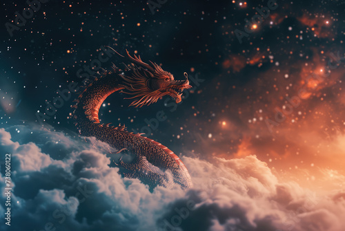 Celestial scene with the dragon amongst clouds and stars background