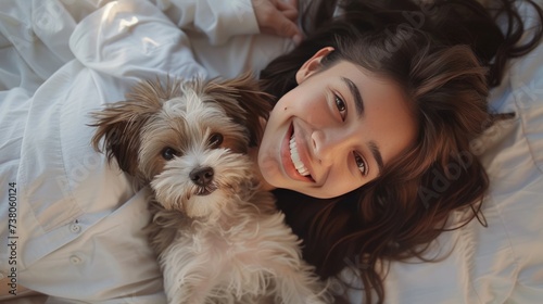A young woman in white pajamas lies in bed and smiles while looking into the camera