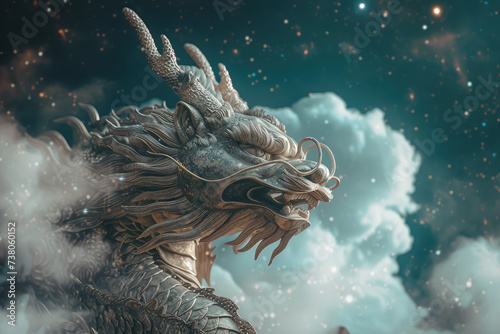Celestial scene with the dragon amongst clouds and stars background © Kitta