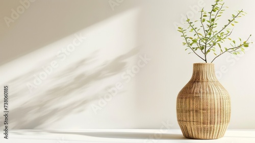 A minimalistic beige wicker vase with ficus benjamina stands on a minimalistic white background