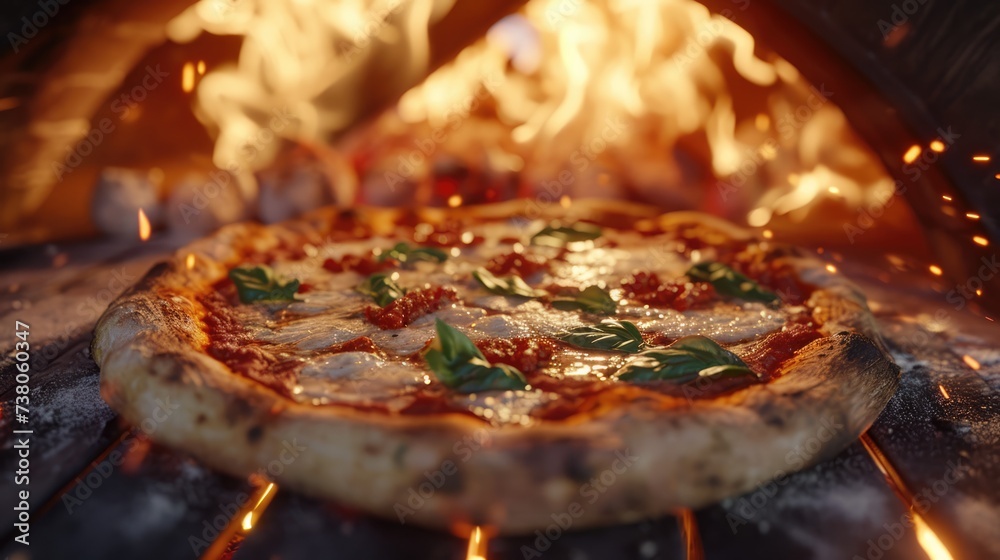 Close up of freshly baked Italian pizza in a wooden oven on blurred background Close up of freshly baked Italian pizza in a wooden oven on blurred background