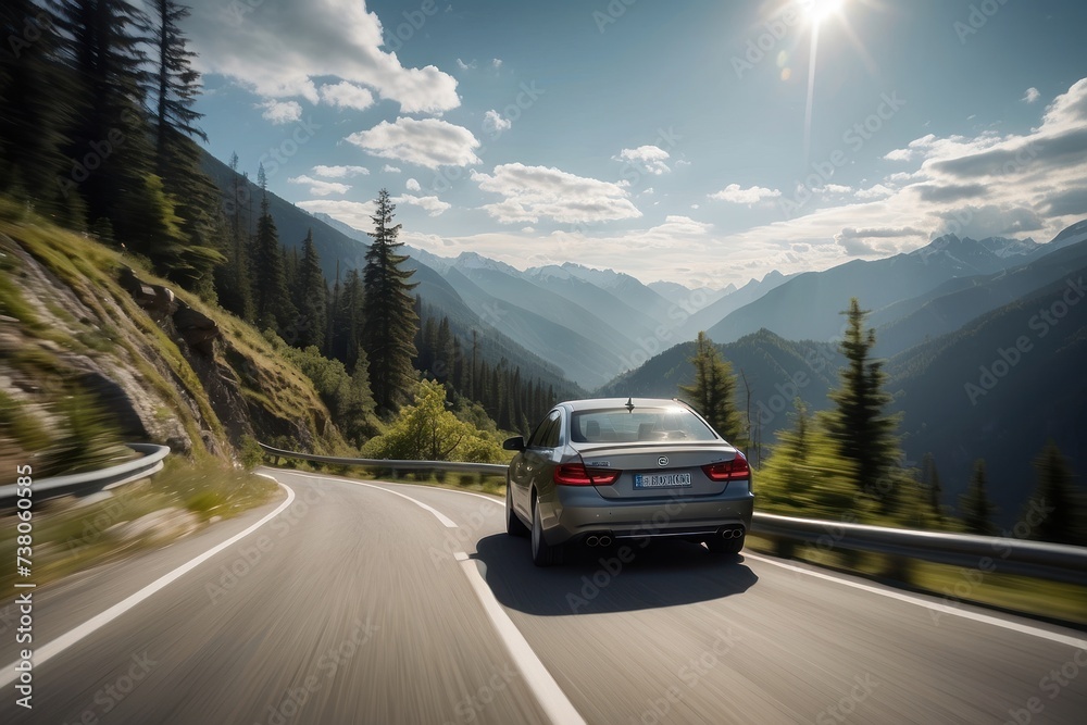 car driving down a winding road in the mountains car driving down a winding road in the mountains
