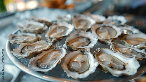 Oysters lie on shiny metal plates in a luxury restaurant