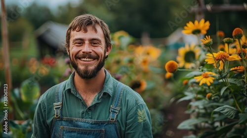 young handsome farmer in a green shirt and denim overalls looks smiling at the camera