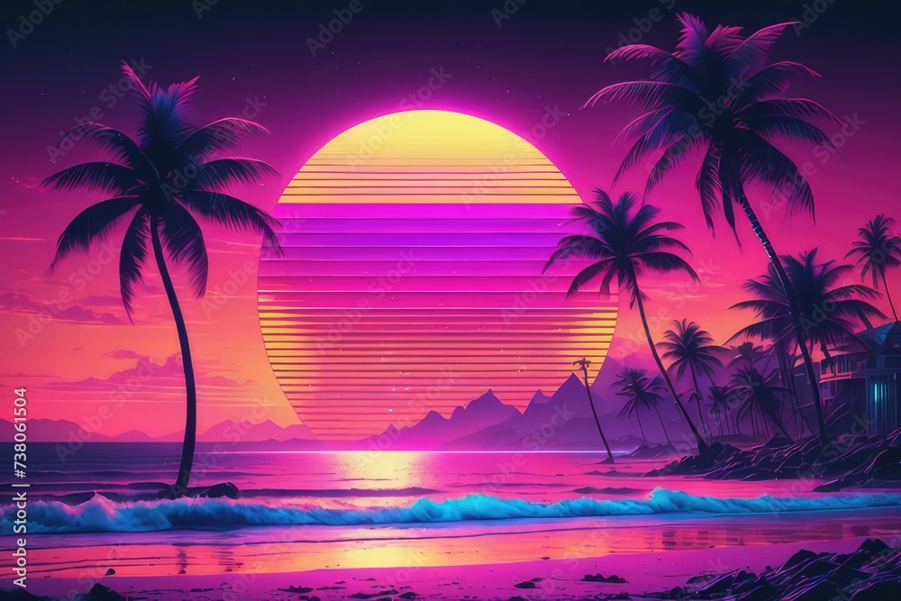 Synthwave disco aesthetic style on the beach