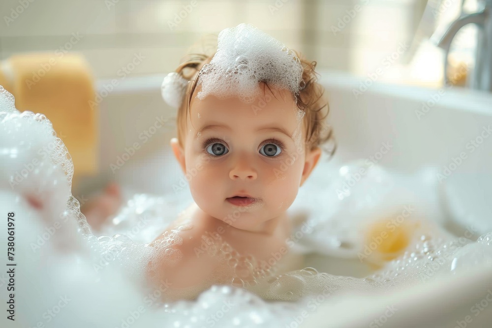 Toddler in a bathtub full of foam, looking directly at the camera Toddler in a bathtub full of foam, looking directly at the camera