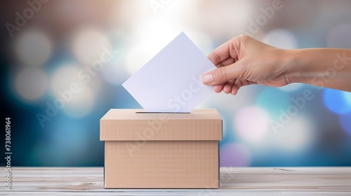 Presidential election voting concept with hand placing ballot in box, copy space