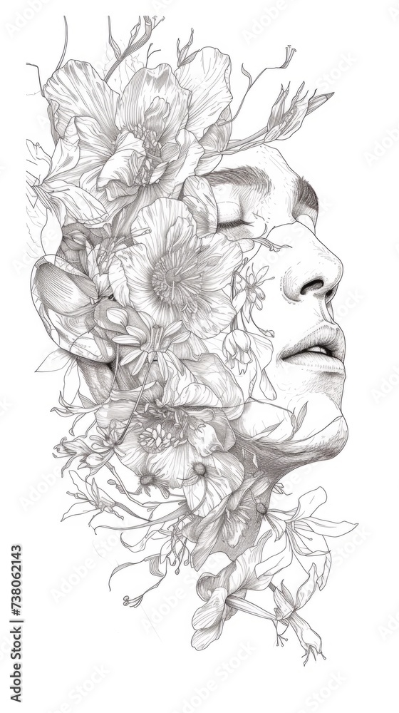 A drawing of a woman with flowers in her hair A drawing of a woman with flowers in her hair
