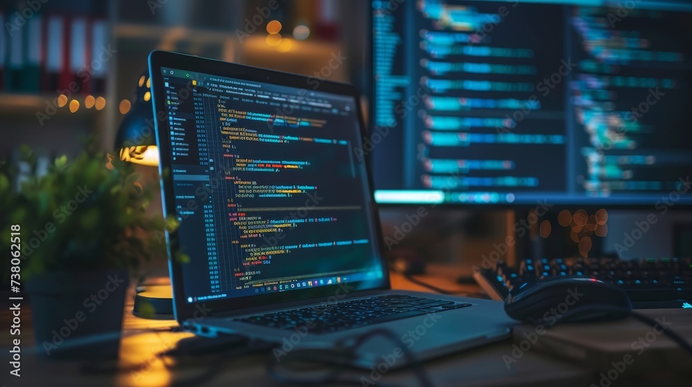 Concept of software development coding process. Programming, testing cross-platform code and apps on laptops, tablets, and phones. Development of scripts and codes for desktop and mobile devices. - obrazy, fototapety, plakaty 