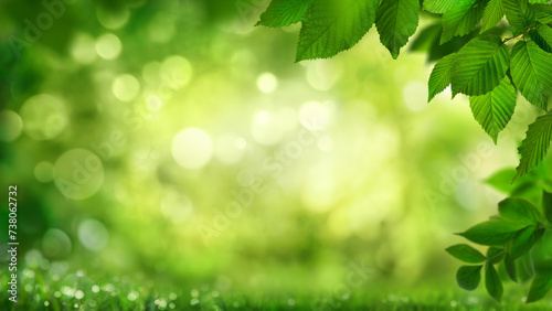 Green leaves framing a stylish natural bokeh background. Ideal as copy space. The beauty of nature as a graphic design concept.  © Smileus
