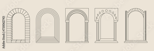 Boho frame arch vector illustration modern minimalistic retro aesthetic linear arc portal logo bohemian design element mystical geometric abstract border
