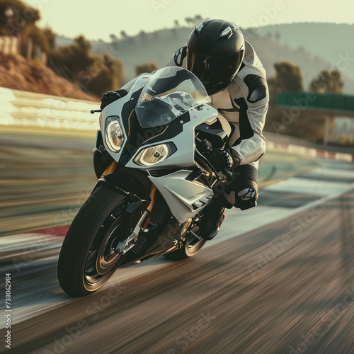 Handsome biker rides his sports motorcycle on a sports track