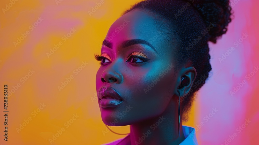 Vacant clothing, chroma fashion, and portrait of a black woman with headphones in a studio. Futuristic style, gen Z, and cosmetics of a young person isolated in the digital age.