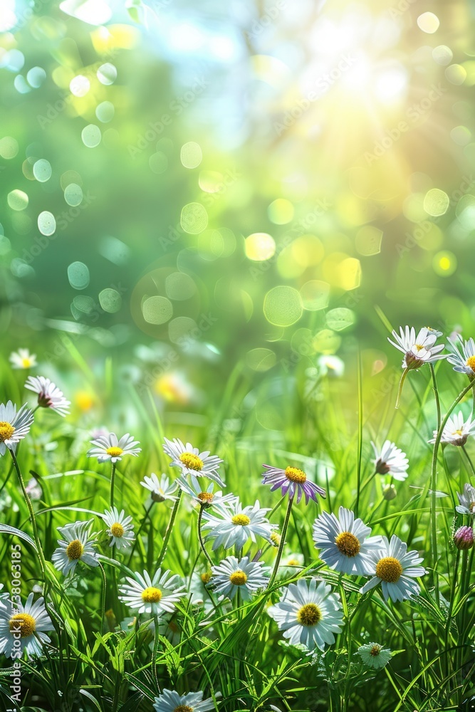 Beautiful minimalistic natural spring background. Below there is grass and flowers. Sun rays and bokeh from above