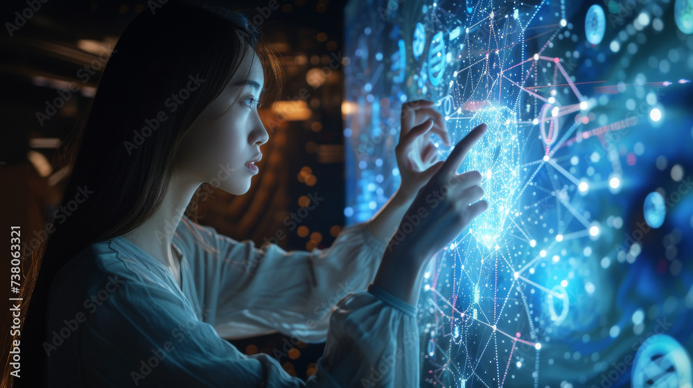 Digital technology, internet network connection, big data, digital marketing IoT internet of things. Woman using modern computer surfing internet futuristic metaverse, innovative technology background Digital technology, internet network connection, big data, digital marketing IoT internet of things. Woman using modern computer surfing internet futuristic metaverse, innovative technology background