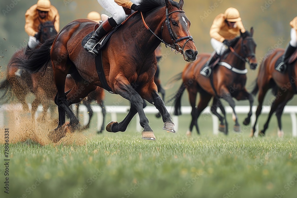 Horse and jockey competing in high-speed horse racing event, capturing the power and motion on the racetrack Horse and jockey competing in high-speed horse racing event, capturing the power and motion on the racetrack