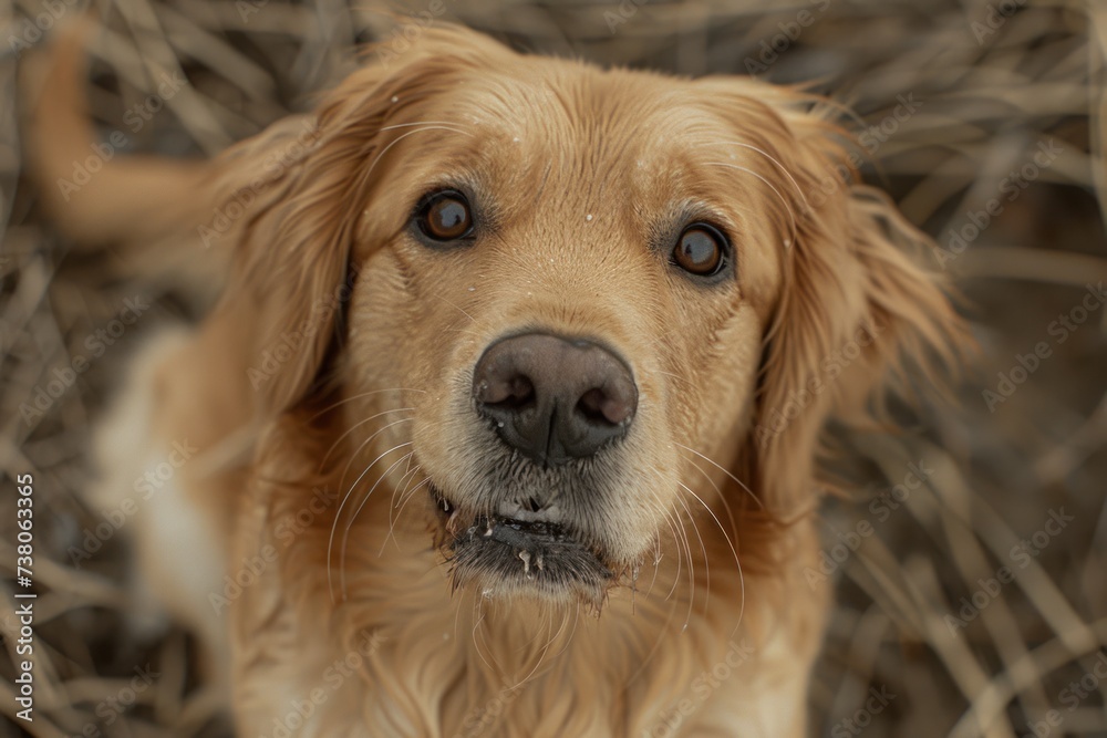 A playful golden retriever tilts its head, a look of joy and anticipation in its expressive eyes