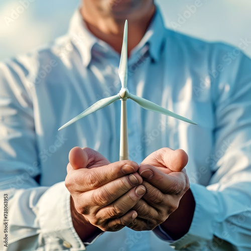 Man holding a wind turbine in his hands