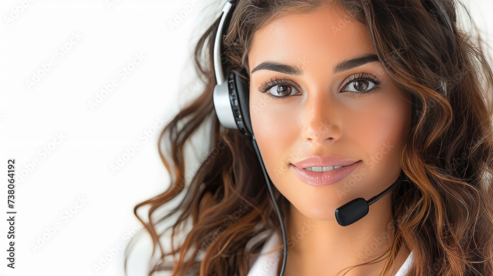 Female call center agent aiding clients online, on white background with room for text placement. Female call center agent aiding clients online, on white background with room for text placement.