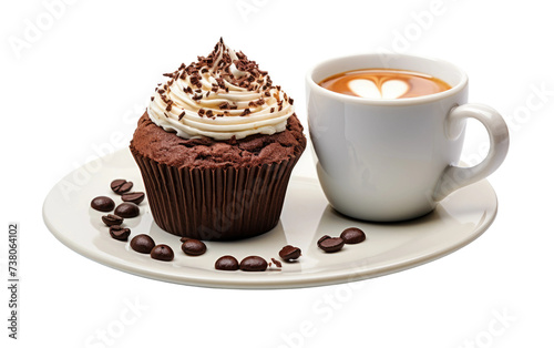 A Cup of Coffee and a Chocolate Cupcake on a Plate. A cup of coffee and a chocolate cupcake are placed on a plate, creating a tempting and indulgent treat.
