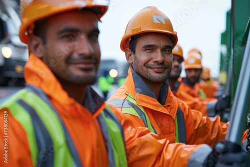 Sanitation workers in reflective gear smiling beside a garbage truck during a waste collection job photo