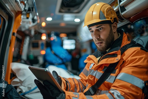 Paramedic in protective helmet holds a tablet inside an emergency vehicle photo