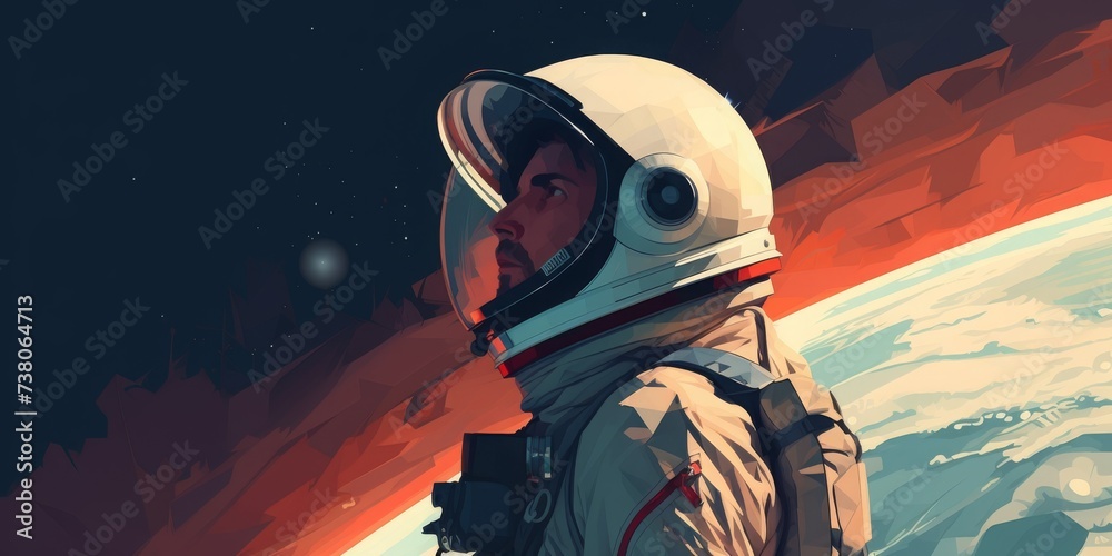 An imaginary painting of an astronaut with a red theme. - obrazy, fototapety, plakaty 