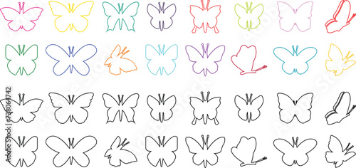 Butterflies silhouette black and colorful drawing line icon set. Flaying butterflies vector collection isolated on transparent background. Use for graphic design  beauty  web and mobile app.
