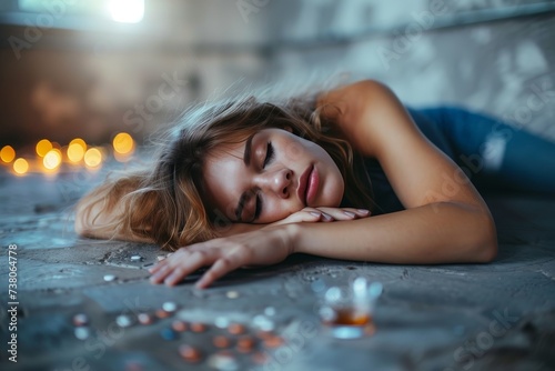 A young woman lies asleep on a floor with spilled pills and a glass of alcohol, indicating distress or illness photo