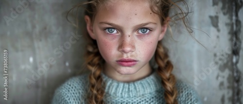 a young girl with freckled hair and blue eyes looks into the camera with a serious look on her face. photo