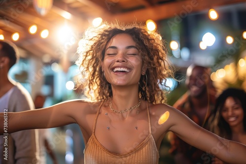 A woman delightedly raises her arms, surrounded by a joyous crowd and festive lights creating an evening celebration photo