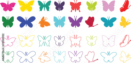 Butterflies silhouette colorful drawing flat or line icon set. Flaying butterflies vector collection isolated on transparent background. Use for graphic design, beauty, web and mobile app. photo