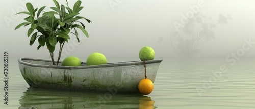 a boat filled with fruit sitting on top of a body of water with a tree in the middle of the boat.