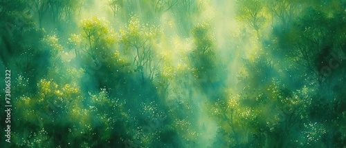 a painting of a forest filled with lots of green plants and trees with sunlight coming through the leaves on the tops of the trees. photo