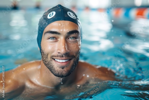 A young, happy male swimmer with a cap smiles in the indoor swimming pool, water droplets on his face © LifeMedia