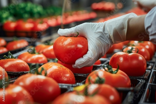 An image of a gloved hand carefully cradling a single ripe tomato, symbolizing care and quality in produce farming photo