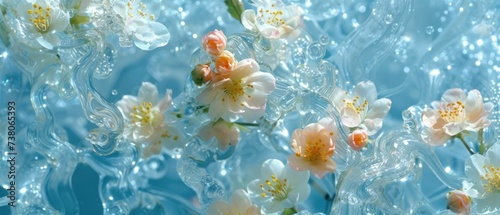 a group of white and orange flowers floating in a pool of water with bubbles on the surface of the water.