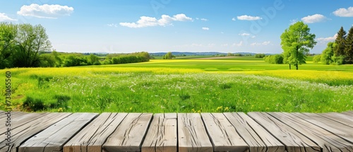a wooden deck in front of a field of green grass and a blue sky with some clouds in the background. photo