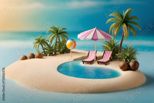 Miniature beach model  white sand  miniature azure waves  diminutive palm trees  a petite striped beach umbrella planted in the sand  a tiny vibrant beach ball. Generative AI