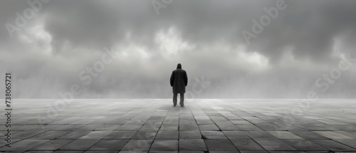 a man standing in the middle of a room in the middle of a floor with a sky filled with clouds. photo