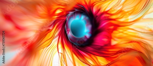 a computer generated image of an eyeball in red, orange, yellow, and blue with a white background. photo