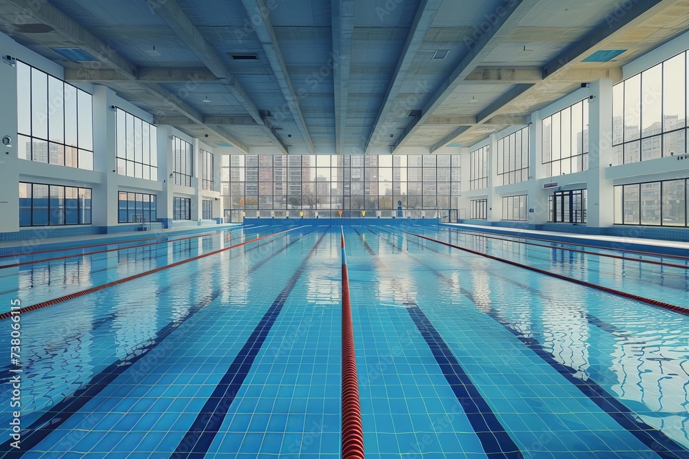 An empty indoor swimming pool with impressive architectural features and reflections
