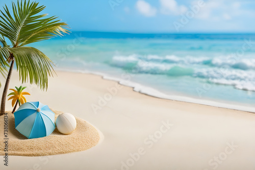 Miniature beach model, white sand, miniature azure waves, diminutive palm trees, a petite striped beach umbrella planted in the sand, a tiny vibrant beach ball. Generative AI photo